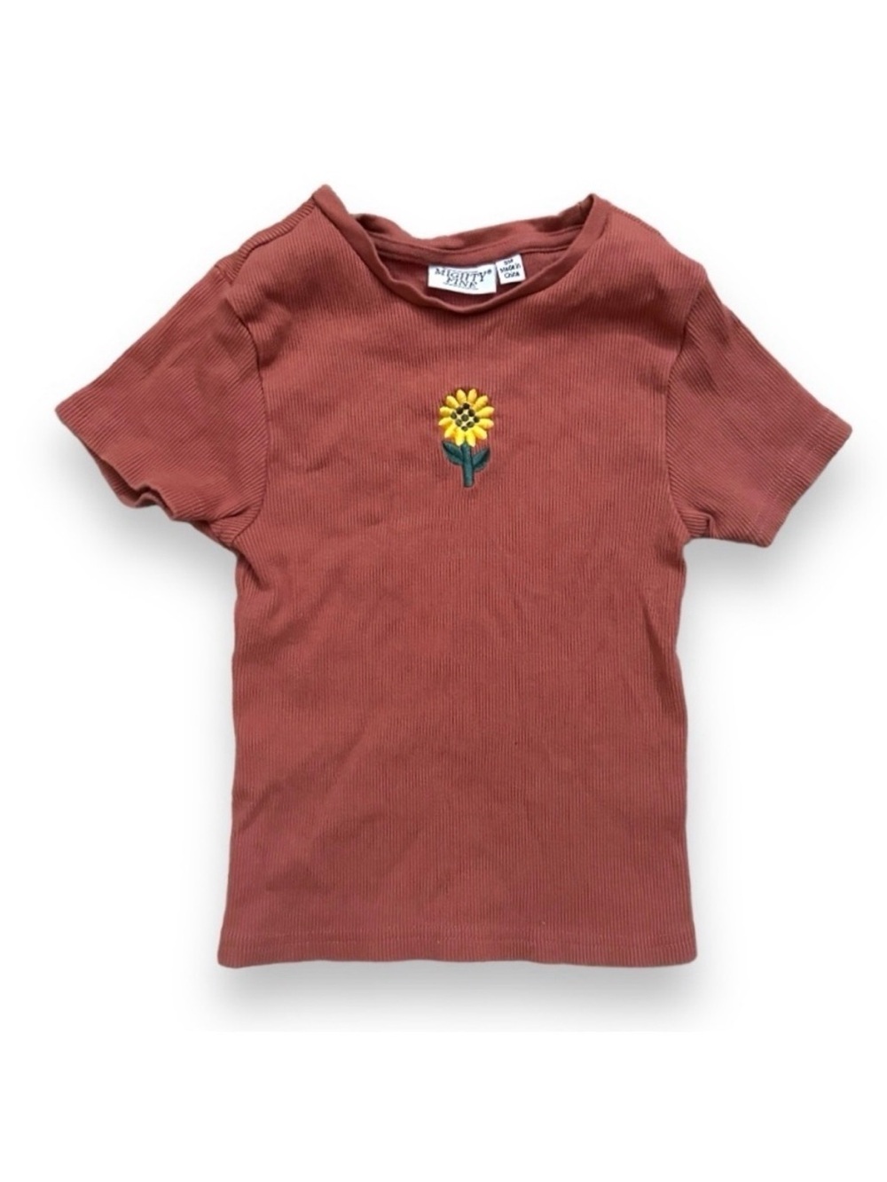 Mighty Fine Sunflower Embroidered Ribbed Baby Tee Women’s Size Small Y2K